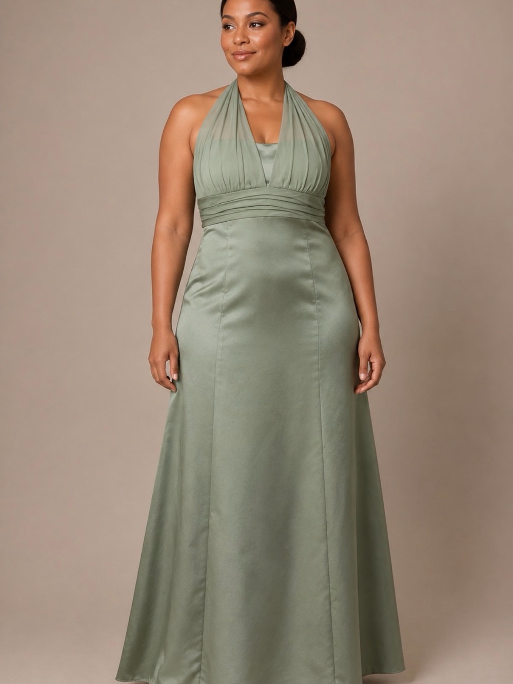 David’s Bridal Sage Green Halter Formal Maxi Dress – Size 12